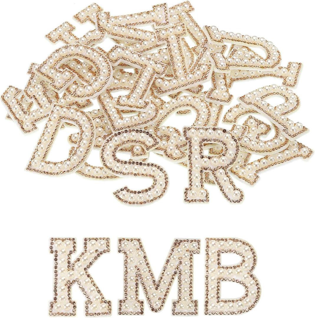 MECCANIXITY Iron on Letter Pearl Letter Patches Rhinestone Gold A-Z Glitter Pearls Rhinestone Alphabet Patches for DIY Clothes Repair Hats Bags Pack of 26