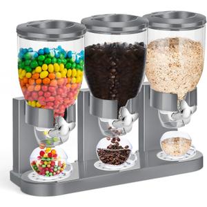 Umigy 1 Pack Triple Indispensable Dry Food Dispenser 67oz Each Capacity Cereal Container for Storage Preserving Dispensing Kitchen Rice Candy Nuts Dog Food Granola Snack Gumball Countertop (Gray)