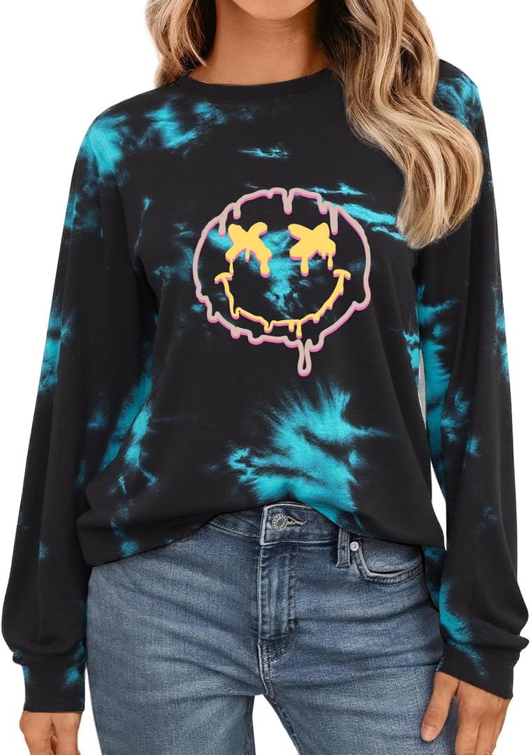 Remidoo Women's Tie Dye Long Sleeve T Shirt Graphic Tees Crewneck Oversized Tshirts Black Medium (Black, M)