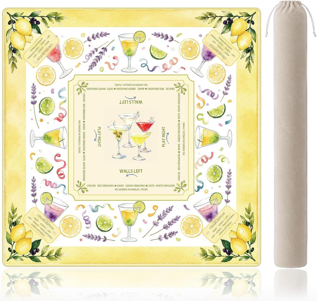 Yellow Lemon Cocktail Mahjong Mat for Table with Rules | 31.5x31.5 Inch; waterproof surface, non-slip backing, built-in instructions for easy summer party American mahjong play