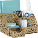 EasyPAG Pen Holder Desk Organizer with Drawer Pencil Cup for Desk 6 Compartments Metal Office Caddy Storage with Sticky Notes Holder for School Home Office, Gold