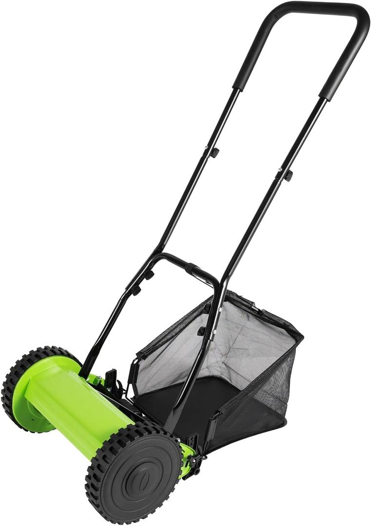 Reel Lawn Mower 12 Inch, Manual Lawn Mower Push Reel with Adjustable Mowing Height, 5 Blades and Collection Bag, Walk-Behind Lawn Mowers for Villas,Parks,Gardens