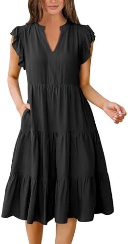 ANRABESS Womens Summer Dress Ruffle Sleeve V Neck Midi Dresses Fashion Casual Fit Flowy Tiered Boho Beach Vacation Sundress, Size S