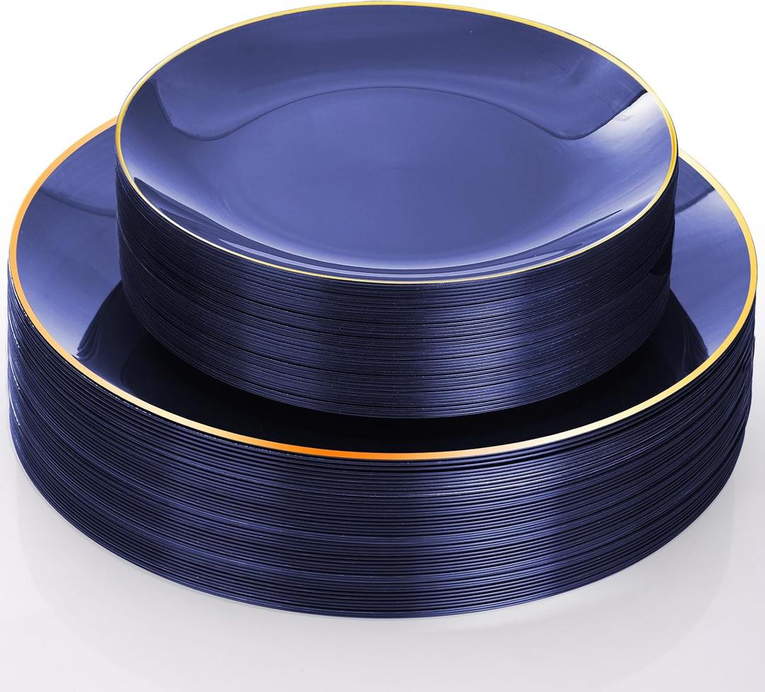 40 Pcs Blue Plastic Plates, Navy Blue Plates Disposable With Gold Rim, Blue Plates Heavy Duty for Patriotic Day Graduation Party Birthday Wedding