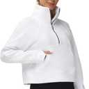 THE GYM PEOPLE Womens' Half Zip Pullover Fleece Stand Collar Crop Sweatshirt with Pockets Thumb Hole (White, S)