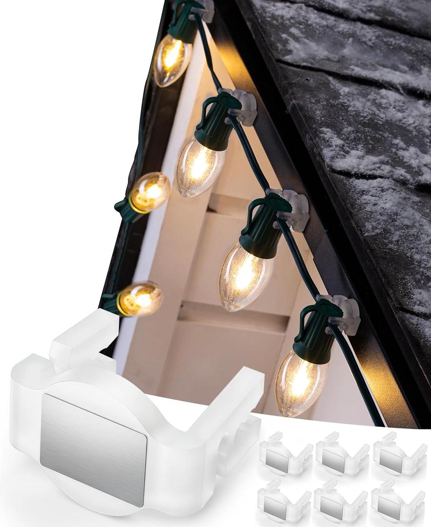 Christmas Lights Universal Magnetic Clips, 50 Count Magnet Holiday Lights Clips, Shatterproof Magnetic Shingle and Gutter Clips for C7/E12, C9/E17, Rope Lights Metal Surface Roof Fence Railing Gates (White)