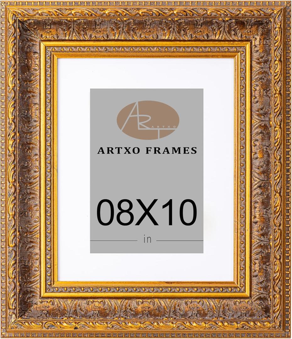ArtXO 8x10 Inch Ornate Photo Frame - Gold Leaf Texture with Embossed Floral Motif, Matte Black Velvet Mat, Elegant Home Decor Accent56