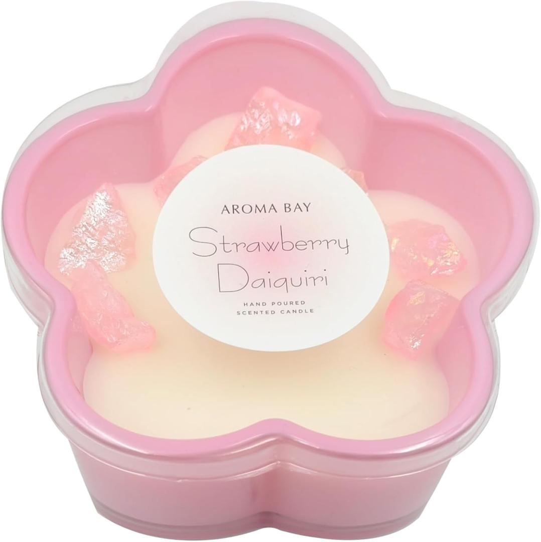 12.5oz Strawberry Daiquiri Scented Candle with Crystals Inside, Flower-Shaped Cute Glass Candle Gift, 45 Hour Burn Time, Pink Gifts Candles for Women, Valentine Candles, Best Friend Candle
