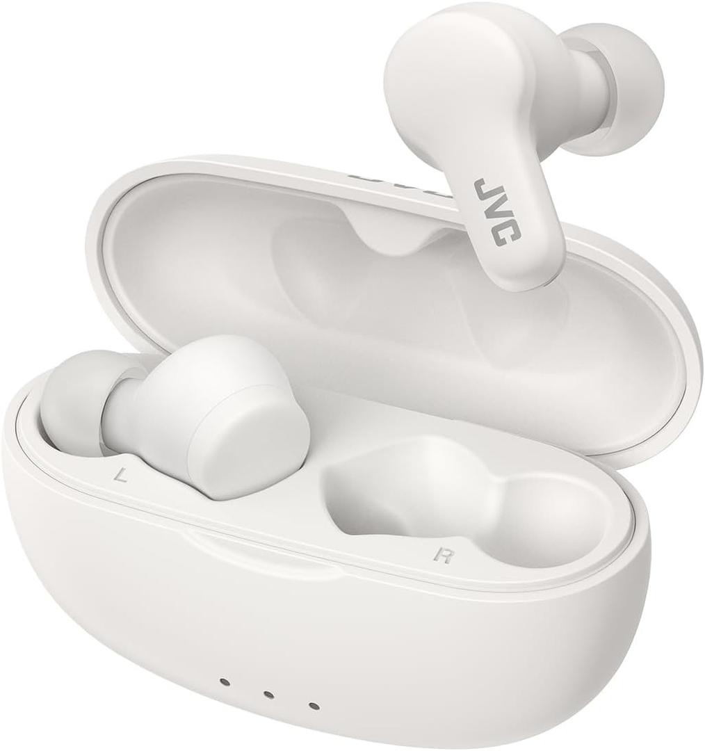 JVC Gumy True Wireless Earbuds, Bluetooth 5.3, Charging Case, 24-Hour Playback, IPX4 Water Resistant, Comfortable Secure Fit with XS/S/M/L Earpieces, Built-in Mic for Calls, iPhone/Android/PC - HAA7T2 (White)