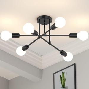 Black Sputnik Chandelier 6 Light, 22" Mid Century Modern Ceiling Light Fixture, Industrial Semi Flush Mount for Dining Room Bedroom Kitchen, E26 Base