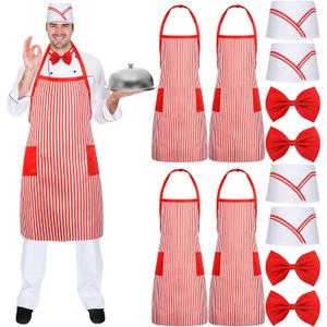 Ramede 12 Pcs 1950s Costume 50s Outfit Adult Waiter Costume Kit Soda Jerk Costume Red and White Striped Apron Bib Apron Outfit for 1950s Movie Night Circus Party Mardi Gras Carnival Costume