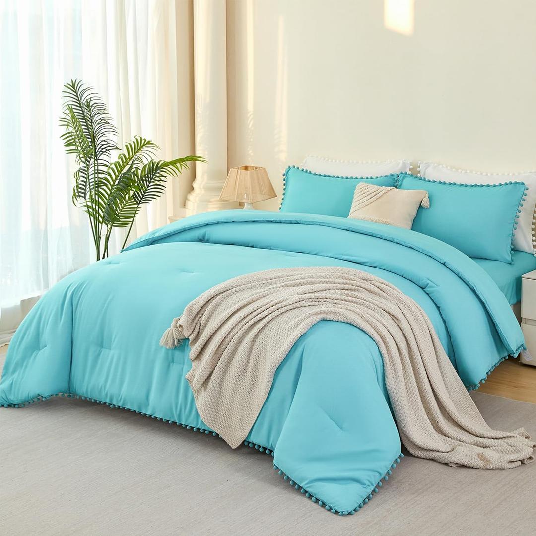 PERFEMET 5 Pcs Full Size Bedding Set for Girls Teal Blue Pom Pom Cute Bed in A Bag for Kids Teen Soft All Season Fluffy Boho Solid Bedding Comforters with Sheet Set(Teal Blue, Full)
