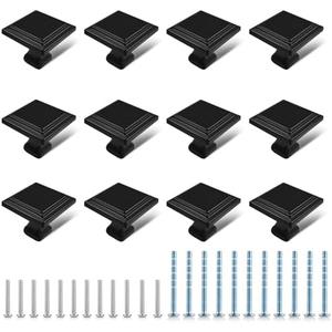 12 Pack Black Matte Cabinet Knobs, Square Drawer Knobs(30mm/1.2 Inch), Durable Dresser Knob with 24 PCS Screws, Pull Handle Hardware Kitchen Door Knobs for Cabinets