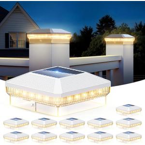 LETMY 12 Pack Solar Post Cap Lights Outdoor, 40 Brighter LEDs 4x4 Fence Post Solar Lights Outdoor with 3 Modes, Waterproof Deck Fence Cap Light Solar Powered for 3.5x3.5 4x4 Vinyl Wooden Posts (White)