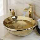 Oval Gold Vessel Sink with Faucet and Pop-Up Drain 17"x14" Bathroom Ceramic Basin Above Counter Bowl Sinks Thickened Compact Boat Shape Sinks for Small Bathrooms Vanities and Apartment Top