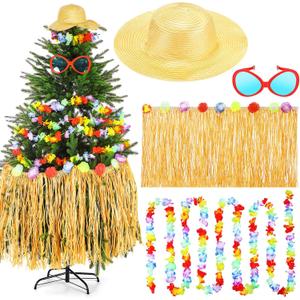 4 Pcs Hawaiian Christmas Tree Decoration Tropical Christmas Tassel Grass Skirt Oversized Sunglass Beach Hat Floral Garland Tropical Party Decor for Hawaiian Beach Party Supplies