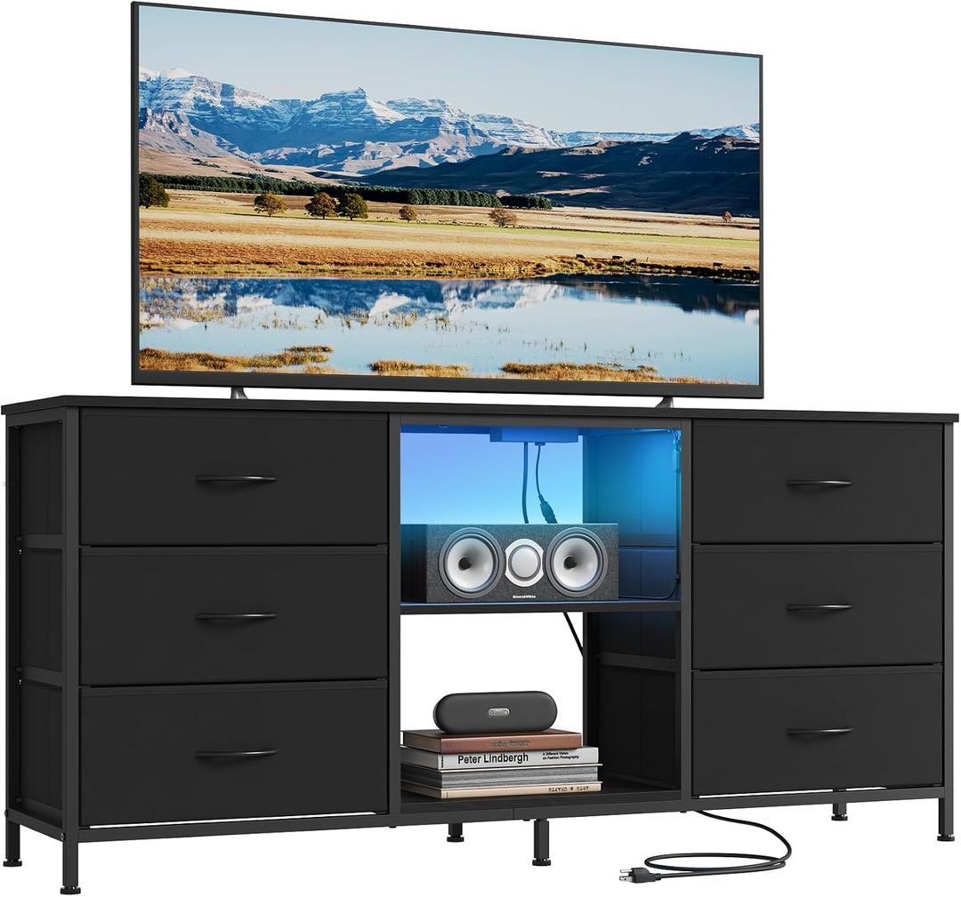 SONGMICS BELLAH Collection - TV Stand for TVs Up to 65 Inches, Dresser for Bedroom, Living Room, Chest of Drawers, Steel, 6 Drawers and 2 Shelves, Modern, Ink Black ULGS132B101S, 13.8"D x 57.8"W x 26.8"H