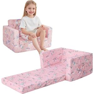 Kids Sofa for Toddler, 2-in-1 Toddler Couch Fold Out, Convertible Sofa to Lounger Bed for Girls and Boys, with Removable Cover & Double Pockets - Pink Unicorn
