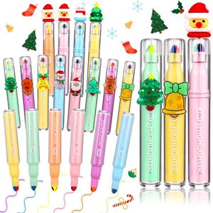 Spiareal 12 Pcs Christmas 3-in-1 Highlighters Pens Bulk Multicolor Xmas Highlighter Marker Christmas Tree Santa Claus Snowman Fluorescent Pens for Holiday Gifts Xmas Stocking Fillers (Novelty Style)
