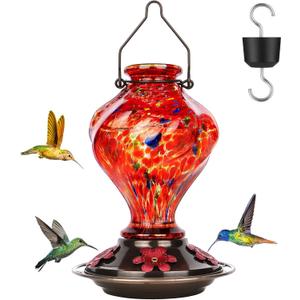 Hummingbird Feeder, BOLITE Glass Hummingbird Feeders for Outdoors Hanging, Hand Blown Twisted with Ant Moat and Five Feeding Ports, 24 Ounces, Leak Proof, Red, Gifts for Women Men, Gifts for Mom Dad