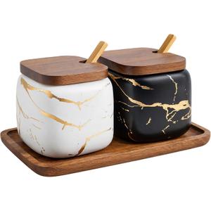 2 Sets of Marble Ceramic Sugar Bowl Ceramic Seasoning Jars with Wooden Lid and Wooden Spoon(Black and White)