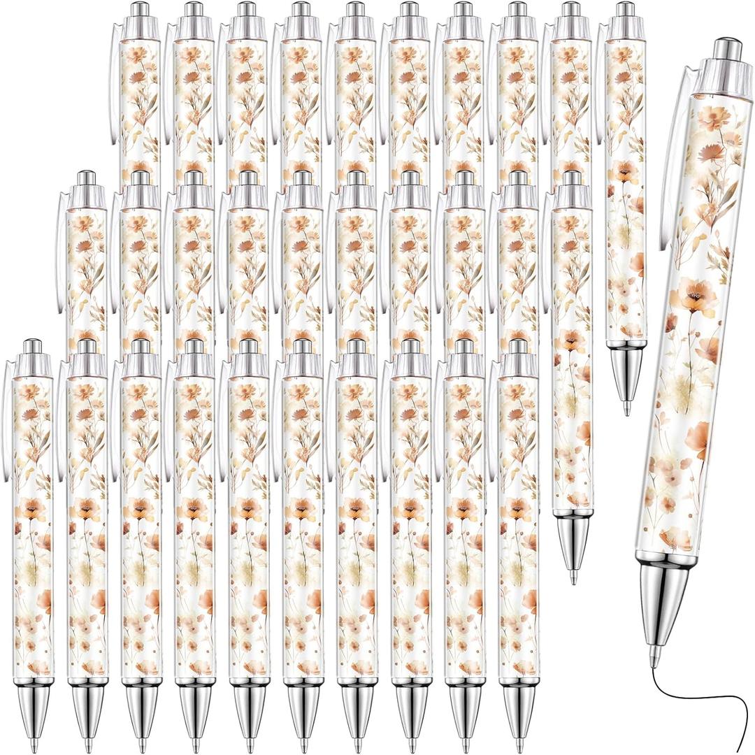 TaoBary 32 Pcs Fall Floral Ballpoint Pens Wildflower Thanksgiving Christmas Gifts for Women 1.00 mm Black Ink Fashionable Retractable Ballpoint Pens for Bridal Shower Wildflower Party Favor
