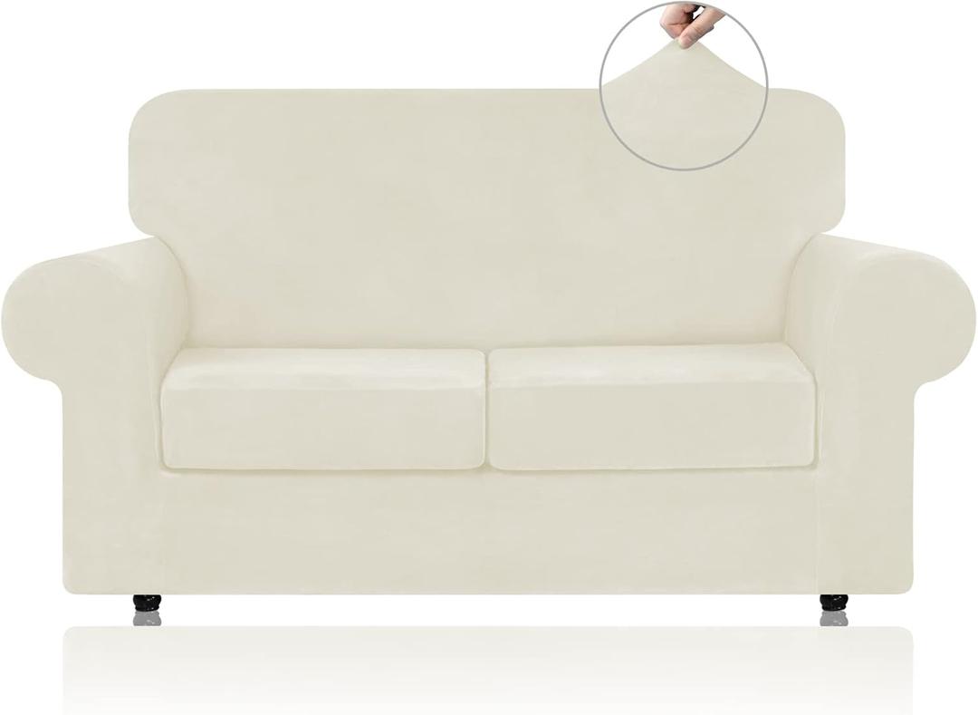 WEERRW Velvet Couch Covers for 2 Cushion Couch Sofa - High Stretch Luxury Velvet Plush 3 Pieces Sofa Slipcovers with Elastic Bottom, Furniture Protector for Pets, Machine Washable, Ivory, Medium