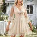 Florboom Women's Summer Boho Lace Patchwork Mini Dresses Deep V Neck Somcked Back Dress- Vacation, Wedding Guest (Beige, XL)