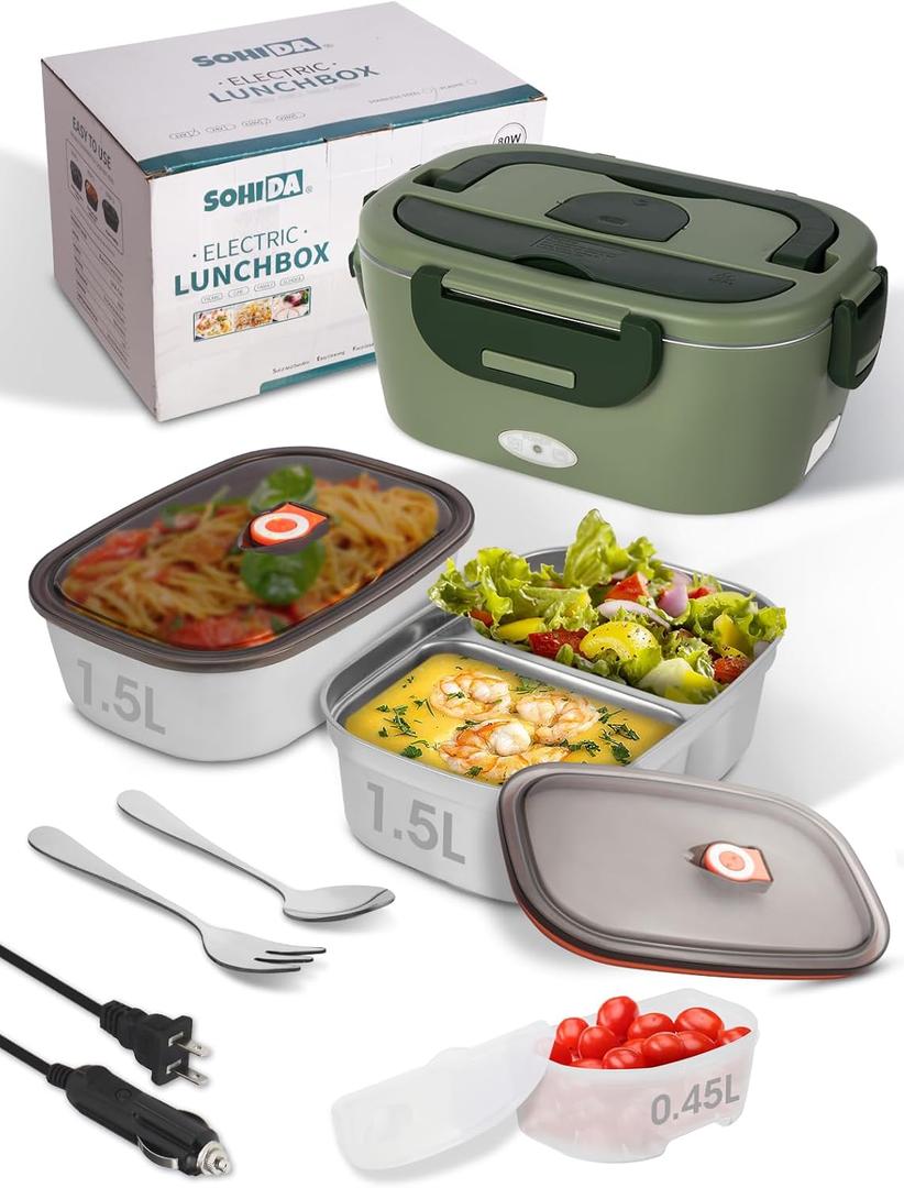 Heated Lunch Box, 80W Electric Lunch Box with Two 1.5L Stainless Steel Interchangeable Containers and Lids, 12V/24V/110V Food Warmer with Utensils and Insulated Bag for Car/Truck/Office (Green)