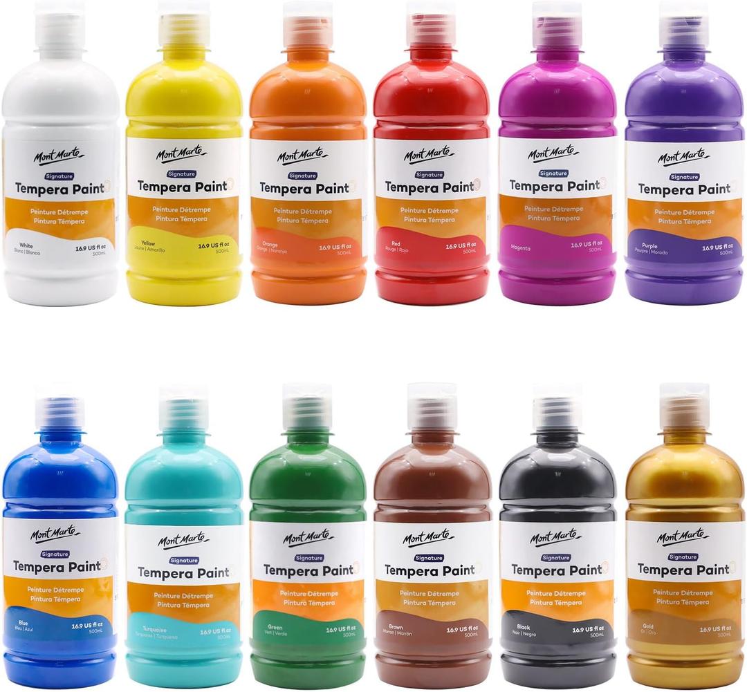 Mont Marte Tempera Paint Set 12pc x 16.9 US fl.oz (500ml), 12 Bottles of Tempera Style Kids Paint, Washable for Kids Art and Craft, Non Toxic, Easy to Clean. (Multicolor)