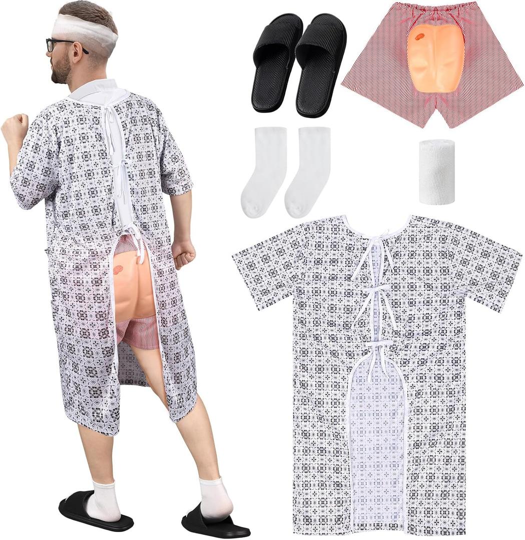 Patient Gown Party Costume Set for Adult Hospital Gown Funny Butt Shorts for Halloween Cosplay Party Men Women (Medium, White)