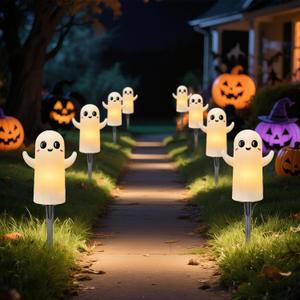 Halloween Pathway Lights, Halloween Stake Ghost Lights Built-in 4 C7 LED Bulbs for Halloween Holiday Outdoor Yard Garden Walkway Driveway Decor, 7Ft 4PK