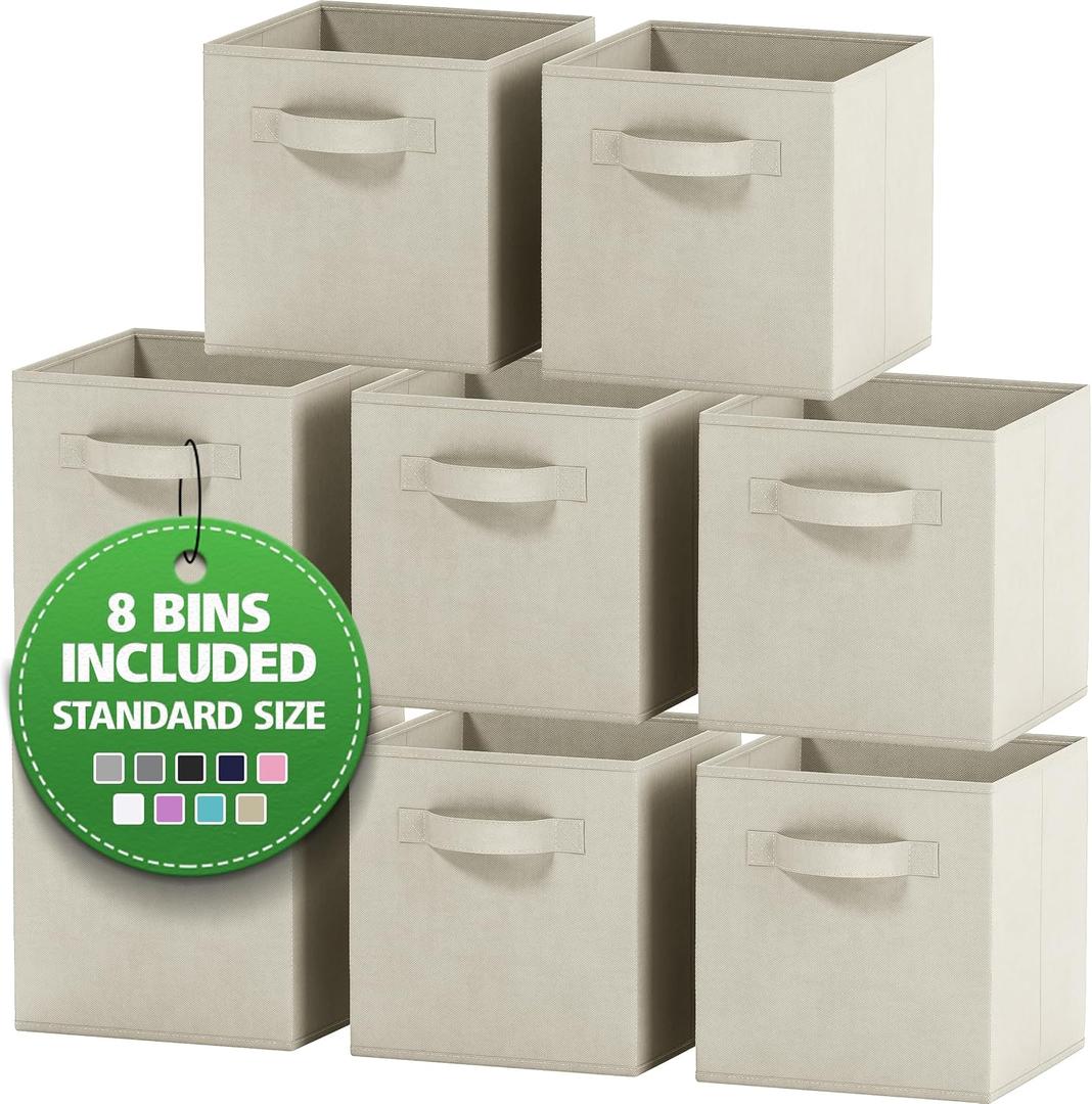 Set of 8 Foldable Fabric Storage Cube Bins | Collapsible Cloth Organizer Baskets Containers | Folding Nursery Closet Drawer | Features Dual Handles | (Off White)