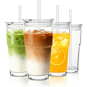 INSETLAN 20oz Glass Tumbler with Glass Straw and Lid, Set of 4 - Thickened Ice Coffee Cup, Glass Cup with Lid and Straw for Smoothie, Tea, Milk, Whiskey, Water and More  Elegant & Durable