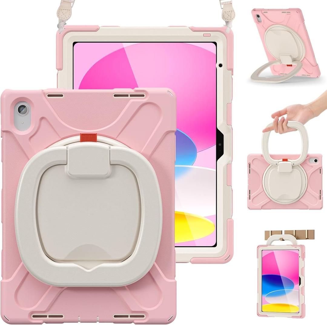 BRAECN Case for iPad 10th Generation 2022 10.9 Inch A2696 A2757 A2777-Shockproof Silicone Cover w/ Pencil Holder/ 360°Swivel Ring Stand/ Handle Grip/ Kickstand/ Shoulder Strap/ Screen Protector, Sakura Pink