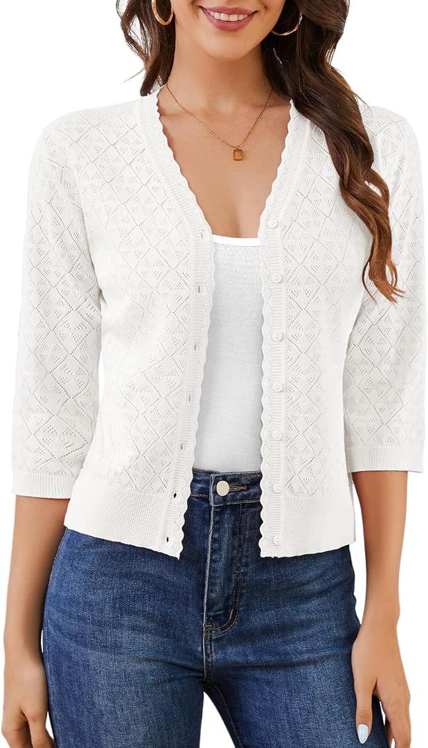 Bbonlinedress Women's 3/4 Short Sleeve Cardigans Lightweight Winter Cropped Sweater Button Up Knit Tops Shrug 2025 (White, S)