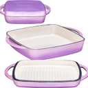 Bruntmor 2-in-1 Square Enamel Cast Iron Dutch Oven Baking Pan With Handles, Purple Baking Pans Set With Cast Iron Skillet, Braising Pan For Casserole Dish with lid, Oven Safe