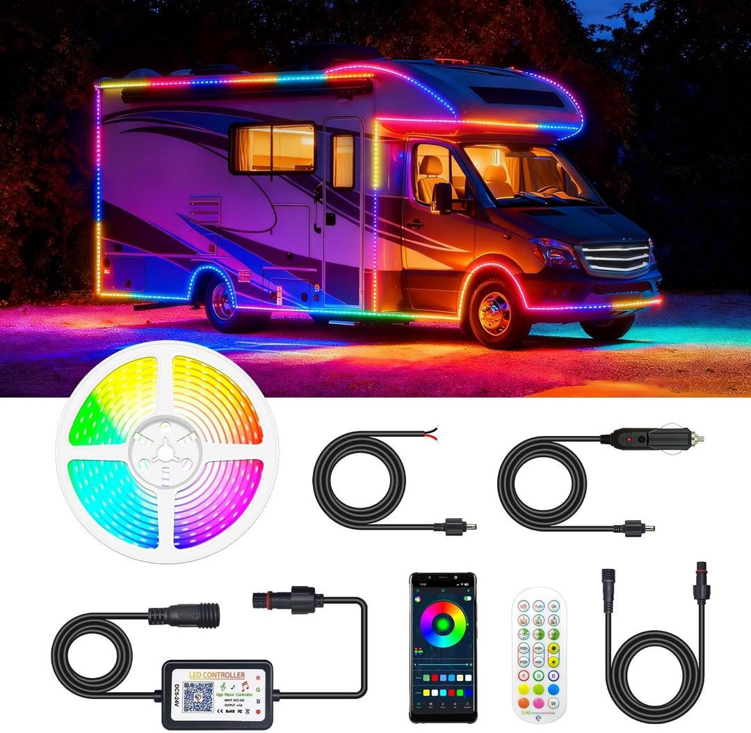 Smart RGB+IC RV Awning Lights, 20FT Dream Color Chasing Camper Awning Lights Strip for RV Canopy, 12V Waterproof APP/Remote RV Underglow Light for Travel, Van, Concession Trailer