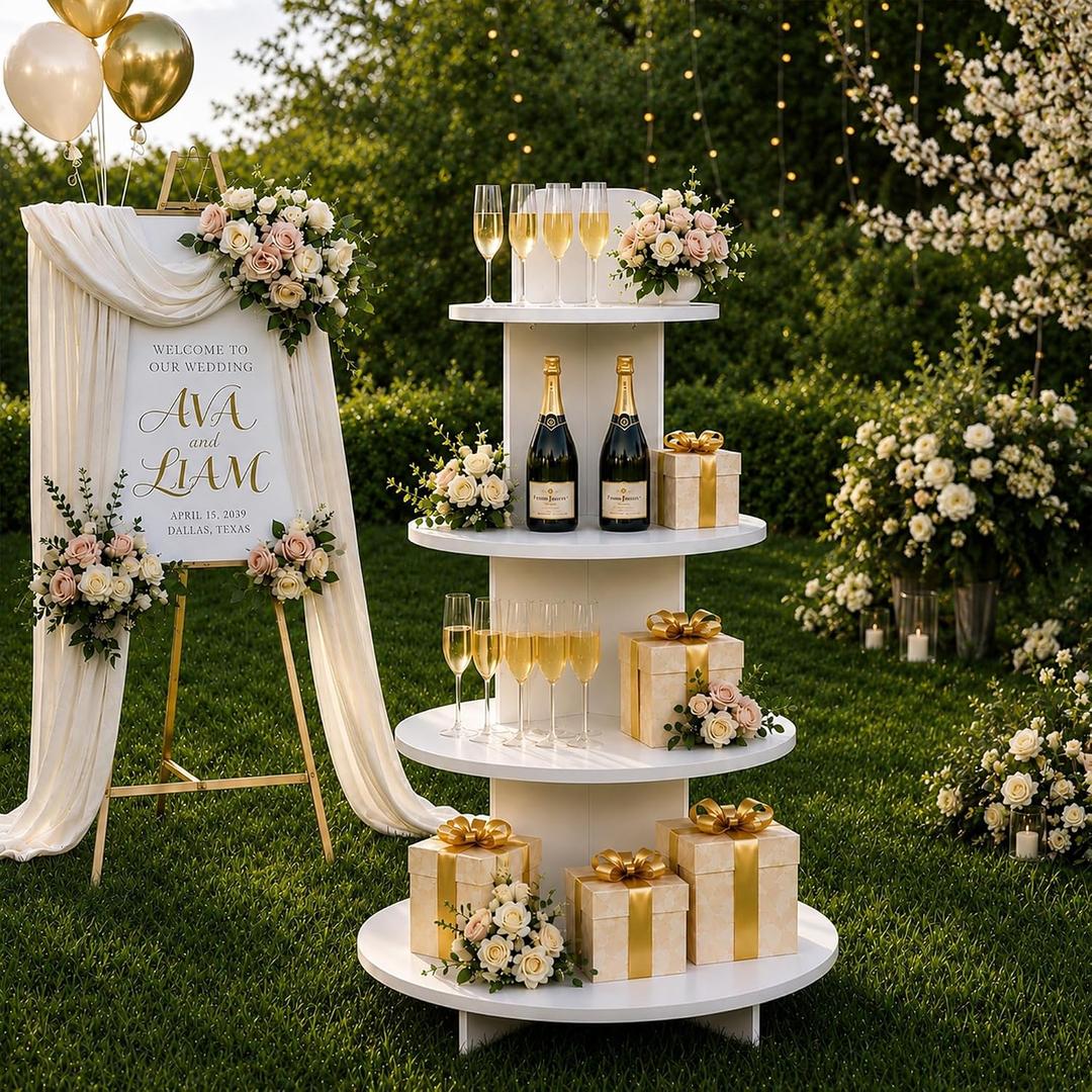 Champagne Wall Display Style — Center Island Cabinet with Shelves, 53" x 31.5" x 31.5" Wooden Wedding Gift Display, Party Favor Island Stand for Weddings & Events