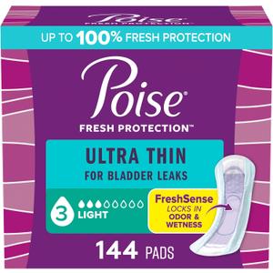 Poise Ultra Thin Incontinence Pads & Postpartum Pads for Bladder Leaks, 3 Drop Light Absorbency, Regular Length, 144 Count