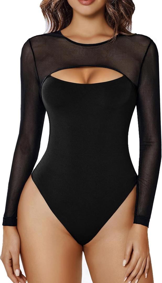 Avidlove Bodysuits for Women Round Neck Shapewear Bodysuit Long Sleeve Bodysuit Sexy Mesh Top Double Lined Cutout Shirt (Black, Size XL)