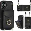 for iPhone 16 Case 6.1 inch, Minimalist Wallet Case with Ring Kickstand and Shoulder Strap, Shockproof Stylish Protective Cover for iPhone 16 -Black