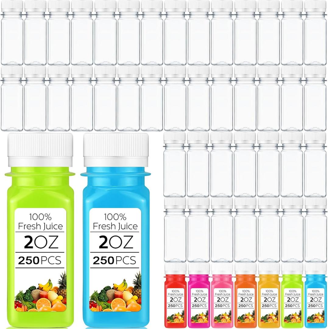 Sliner 250 Pcs 2 Oz Small Plastic Juice Bottles Ginger Juice Bottle with Lids Liquid Vial Reusable Clear Beverage Container with Lid, Freezer Safe, Leak Proof for Milk, Water