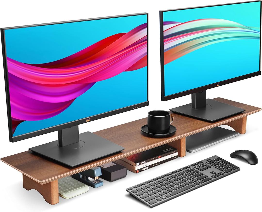 Aothia Large Dual Monitor Stand Riser, Solid Wood Desk Shelf with Eco Cork Legs for Laptop Computer/TV/PC/Printers, Perfect Desktop Stands Organizer with Underneath Storage for Office Accessories (Black Walnut)
