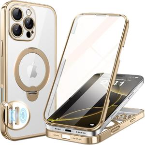 BERFY for iPhone 16 Pro Max Case, Compatible with MagSafe, Built-in Glass Screen Protector, Shockproof Full Body Phone Case for 16 Pro Max with Magnetic Stand, Clear Gold
