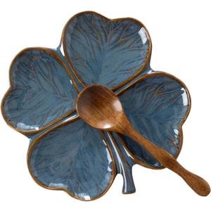 Ceramic Spoon Rest for Stove Top, Cute Four Leaf Clover Shaped Spoon Holder for Kitchen Countertop, Cooking Spoon Rest Table Decor (Blue)