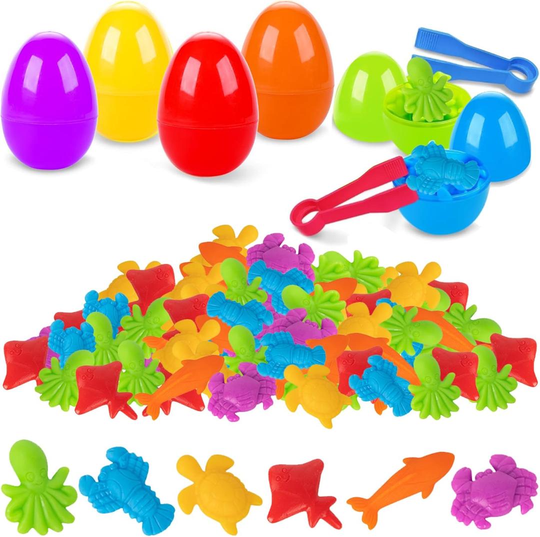 54Pcs Easter Eggs Prefilled Plastic Easter Eggs with Counting Ocean Toys Inside Filled, Toddler Preschool Learning Activities Toys for Kids Easter Basket Stuffers Egg Fillers Gifts (Ocean)