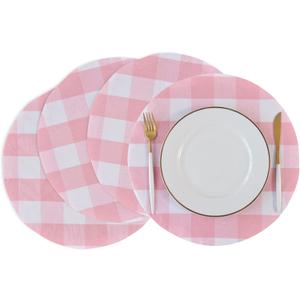 Pink & White Cotton Buffalo Check Plaid Round Placemat, Set of 4, 15 Inch eco-Friendly Fabric Handcrafted Machine Washable Indoor & Outdoor Tablemat