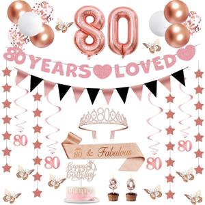 32Pcs 80th Birthday Decorations for Women with Banner, Hanging Swirls, Balloons, Crown and Sash, Cake Topper and Candles, Womens 80th Birthday Decorations Rose Gold