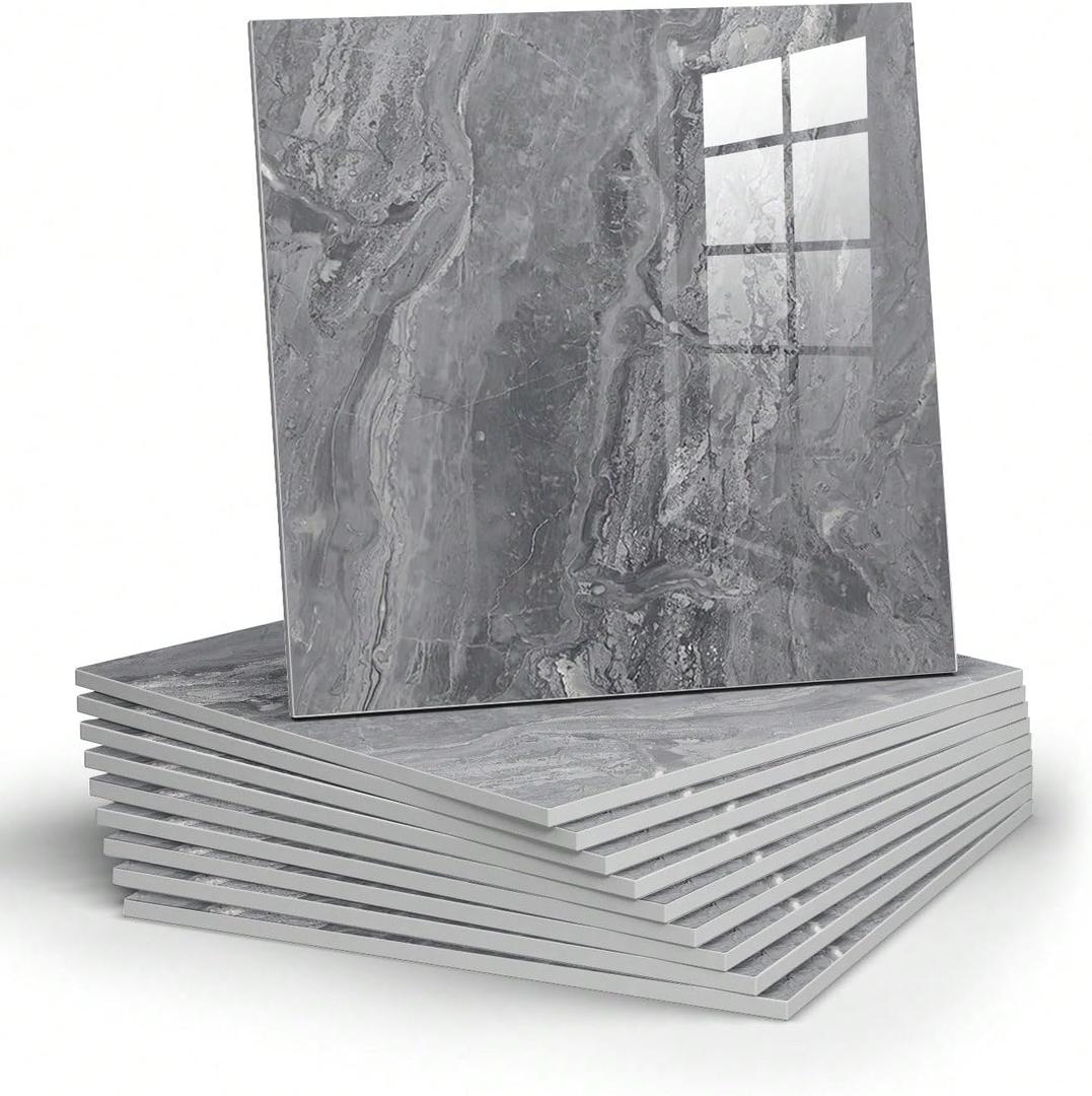10pcs Marble Peel and Stick Backsplash Waterproof Washroom Wall Panels, Peel and Stick Tile, PVC Wall Panels for Kitchen, Bathroom - 11.8"x11.8" Kitchen Tile (Grey, 9.7 Sq.ft) (Gray)